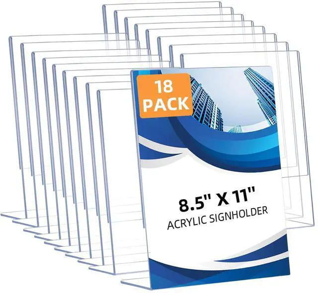 Main image of 18 Pack Acrylic Sign Holder 8.5 x 11, Clear Plastic Display Stands for Tabletop, L-Shape Acrylic Stands for Flyers, Documents, Office, Restaurants, Vertical Sign Holder 8.5x11 for Desktop