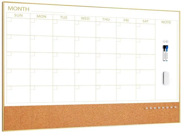 Main image of Large Dry Erase Calendar with Cork for Wall 48"x 30" Magnetic Calendar Whiteboard with Gold Frame, Monthly Combination Board for School, Home, Office