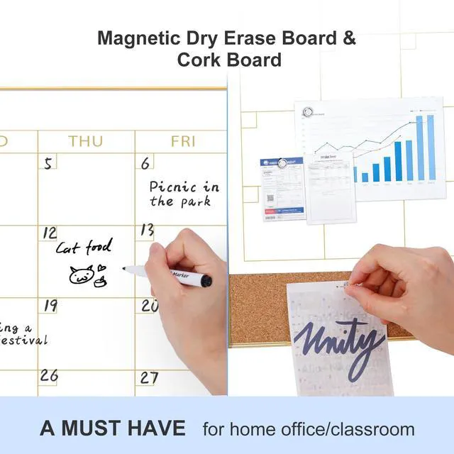 Alt view image 2 of 7 - Large Dry Erase Calendar with Cork for Wall 48"x 30" Magnetic Calendar Whiteboard with Gold Frame, Monthly Combination Board for School, Home, Office