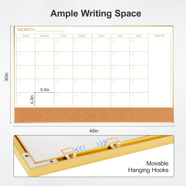 Alt view image 3 of 7 - Large Dry Erase Calendar with Cork for Wall 48"x 30" Magnetic Calendar Whiteboard with Gold Frame, Monthly Combination Board for School, Home, Office