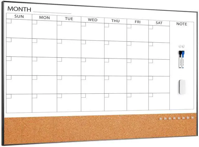 Main image of Large Dry Erase Calendar with Cork for Wall 48"x 30" Magnetic Calendar Whiteboard with Black Frame, Monthly Combination Board for School, Home, Office