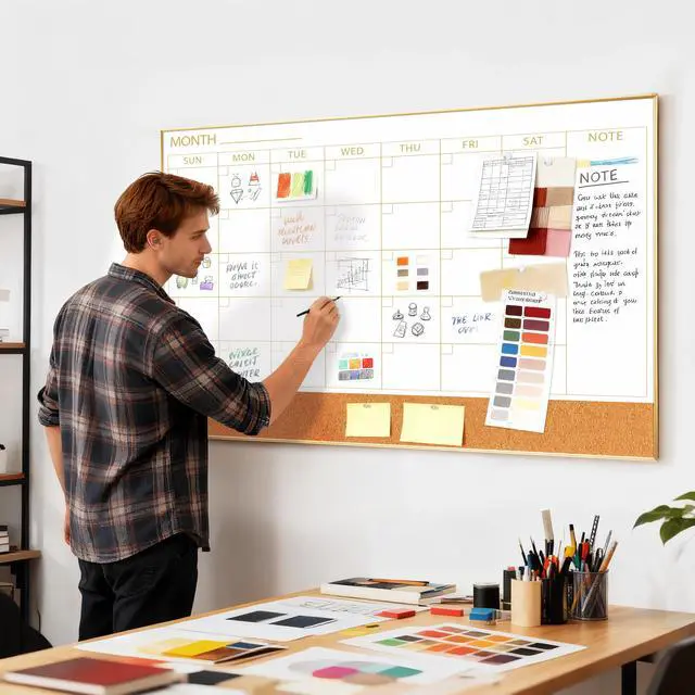 Alt view image 7 of 7 - Large Dry Erase Calendar with Cork for Wall 48"x 30" Magnetic Calendar Whiteboard with Gold Frame, Monthly Combination Board for School, Home, Office
