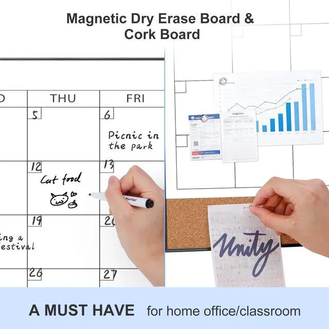 Alt view image 2 of 7 - Large Dry Erase Calendar with Cork for Wall 48"x 30" Magnetic Calendar Whiteboard with Black Frame, Monthly Combination Board for School, Home, Office