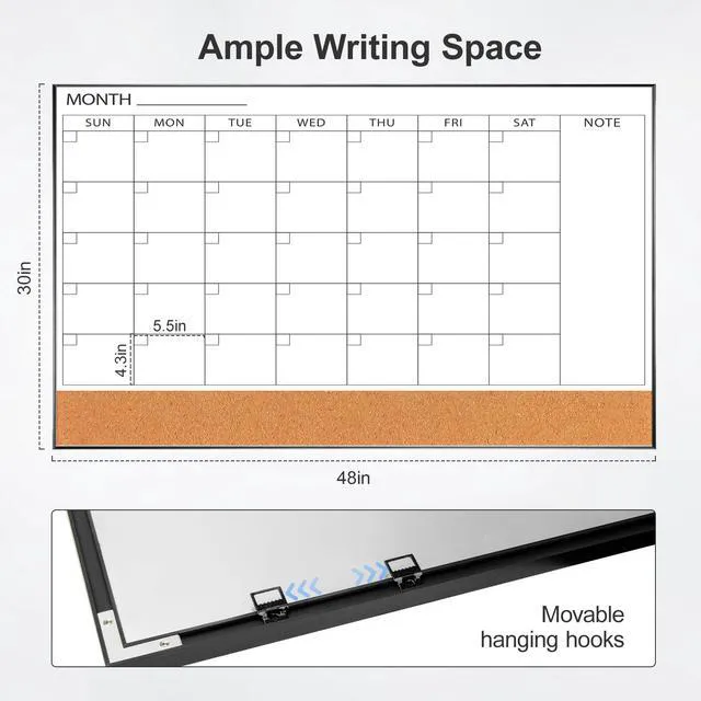 Alt view image 3 of 7 - Large Dry Erase Calendar with Cork for Wall 48"x 30" Magnetic Calendar Whiteboard with Black Frame, Monthly Combination Board for School, Home, Office
