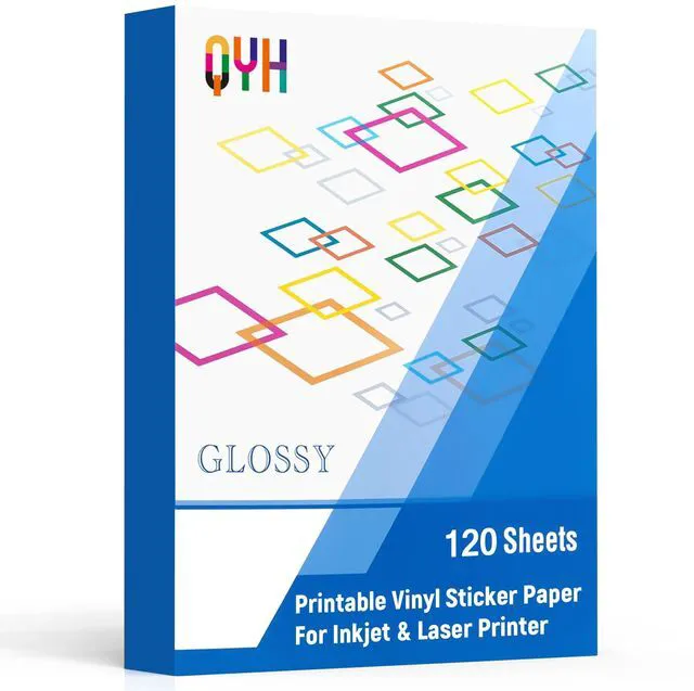 Main image of Glossy Printable Vinyl Sticker Paper, 120 Sheets Waterproof White Bulk for Inkjet & Laser Printers, Compatible with Cricut, 8.5" x 11" Fast Dry Vivid Prints for Small Business
