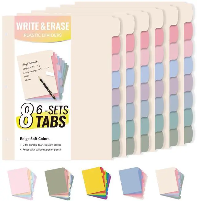 Main image of 8 Tabs Plastic Write & Erase Binder Dividers with Tabs, 6 Sets Long-Lasting Dividers for 3 Ring Binder, Cute Pastels Binder Dividers Organizers for Student, Teacher, Office, Beige Color