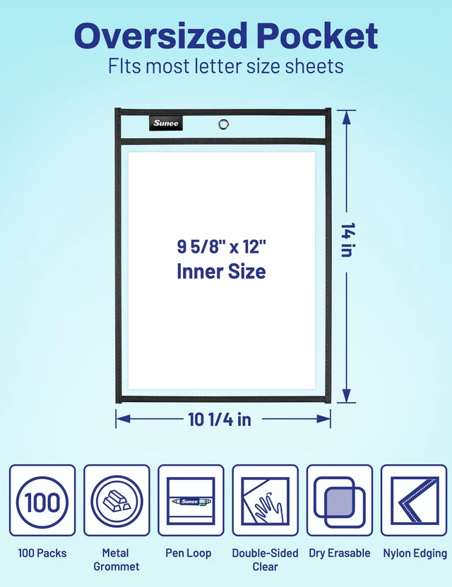 Alt view image 2 of 7 - 100 Packs Oversized Reusable Dry Erase Pocket Sleeves with 5 Rings, Black 10x14 Ticket Holders, Clear Plastic Sheet Protectors, Teacher School Classroom Supplies