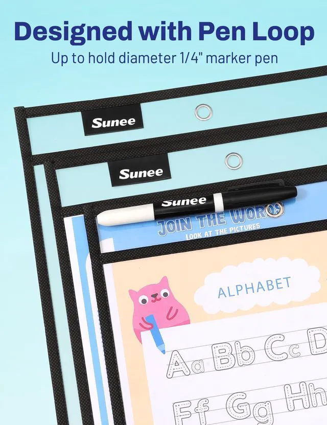Alt view image 4 of 7 - 30 Packs Oversized Reusable Dry Erase Pocket Sleeves with 2 Rings, Black 10x14 Ticket Holders, Clear Plastic Sheet Protectors, Teacher School Classroom Supplies