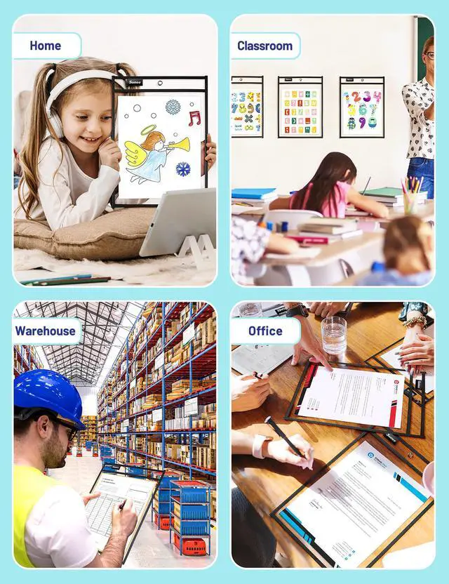 Alt view image 7 of 7 - 30 Packs Oversized Reusable Dry Erase Pocket Sleeves with 2 Rings, Black 10x14 Ticket Holders, Clear Plastic Sheet Protectors, Teacher School Classroom Supplies