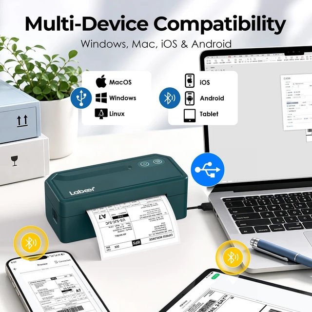 Alt view image 2 of 7 - Bluetooth Thermal Shipping Label Printer, Wireless 4x6 Printer Green For Small Business, Home, Office, Online Sellers, Warehouse & Shipping, Compatible with iPhone, Android, Windows & Mac