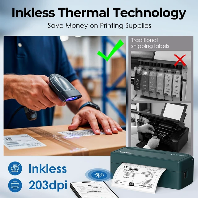 Alt view image 6 of 7 - Bluetooth Thermal Shipping Label Printer, Wireless 4x6 Printer Green For Small Business, Home, Office, Online Sellers, Warehouse & Shipping, Compatible with iPhone, Android, Windows & Mac