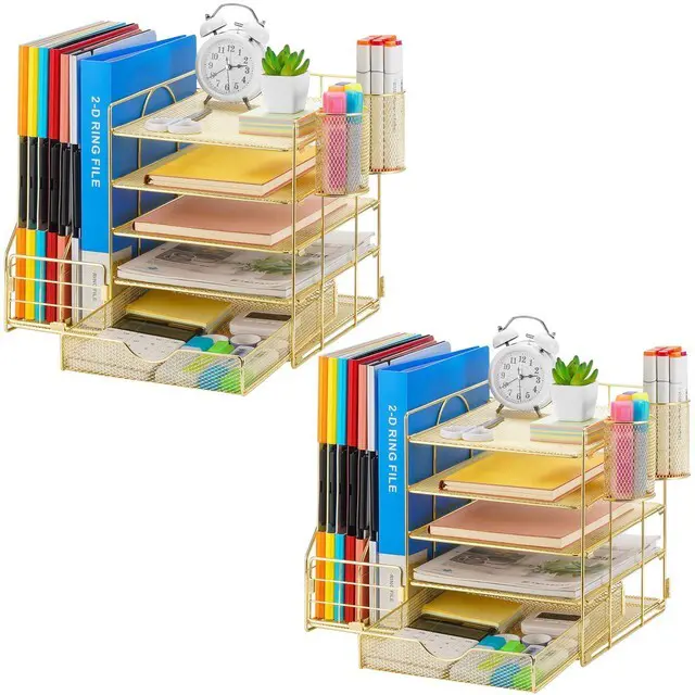 Main image of Desk Organizer with File Holder, 5-Tier Paper Letter Tray Organizer with Drawer and 2 Pen Holder, Mesh Desktop Organizer and Storage with Magazine Holder for Office Supplies (Gold 2p)
