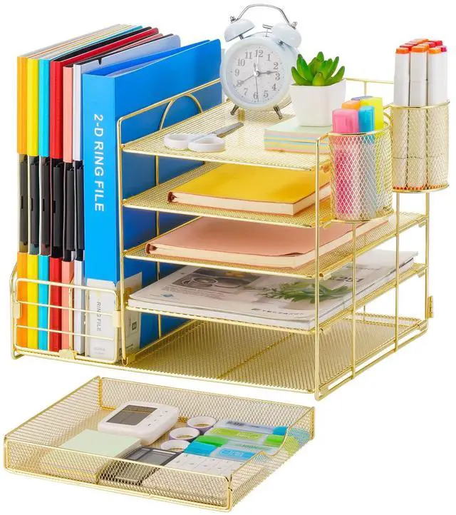 Alt view image 2 of 6 - Desk Organizer with File Holder, 5-Tier Paper Letter Tray Organizer with Drawer and 2 Pen Holder, Mesh Desktop Organizer and Storage with Magazine Holder for Office Supplies (Gold 2p)
