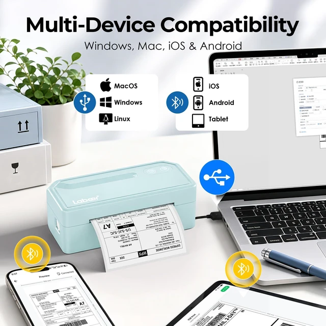 Alt view image 2 of 7 - Bluetooth Thermal Shipping Label Printer, Wireless 4x6 Printer Cyan For Small Business, Home, Office, Online Sellers, Warehouse & Shipping, Compatible with iPhone, Android, Windows & Mac
