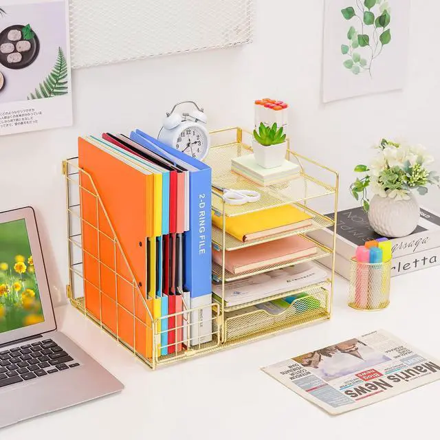 Alt view image 3 of 6 - Desk Organizer with File Holder, 5-Tier Paper Letter Tray Organizer with Drawer and 2 Pen Holder, Mesh Desktop Organizer and Storage with Magazine Holder for Office Supplies (Gold 2p)