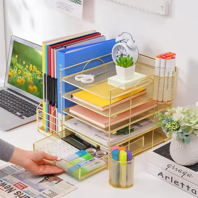 Alt view image 5 of 6 - Desk Organizer with File Holder, 5-Tier Paper Letter Tray Organizer with Drawer and 2 Pen Holder, Mesh Desktop Organizer and Storage with Magazine Holder for Office Supplies (Gold 2p)