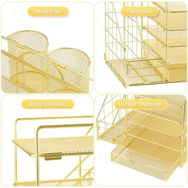 Alt view image 4 of 6 - Desk Organizer with File Holder, 5-Tier Paper Letter Tray Organizer with Drawer and 2 Pen Holder, Mesh Desktop Organizer and Storage with Magazine Holder for Office Supplies (Gold 2p)