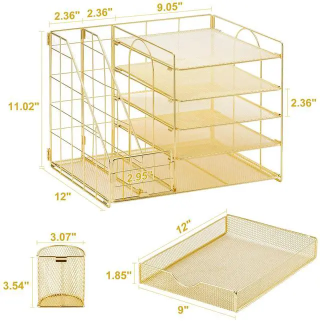Alt view image 6 of 6 - Desk Organizer with File Holder, 5-Tier Paper Letter Tray Organizer with Drawer and 2 Pen Holder, Mesh Desktop Organizer and Storage with Magazine Holder for Office Supplies (Gold 2p)