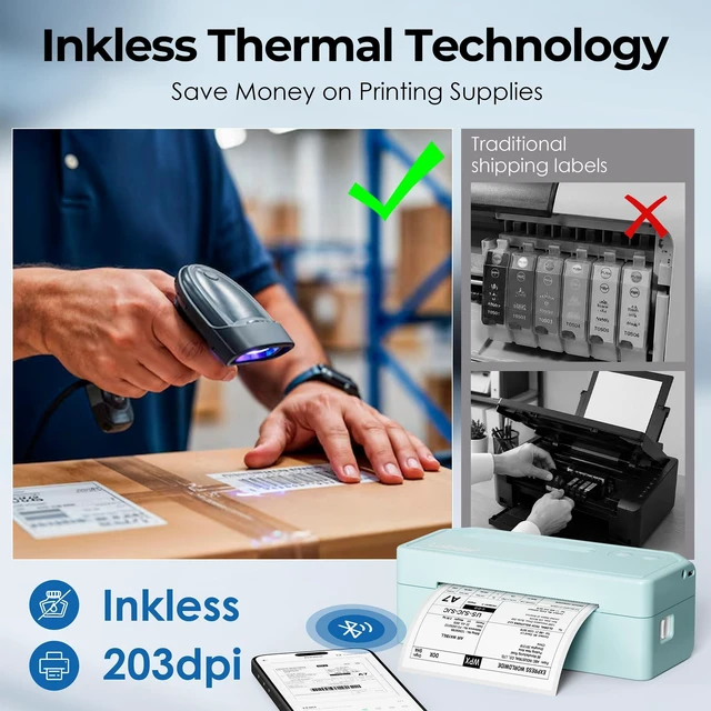 Alt view image 6 of 7 - Bluetooth Thermal Shipping Label Printer, Wireless 4x6 Printer Cyan For Small Business, Home, Office, Online Sellers, Warehouse & Shipping, Compatible with iPhone, Android, Windows & Mac