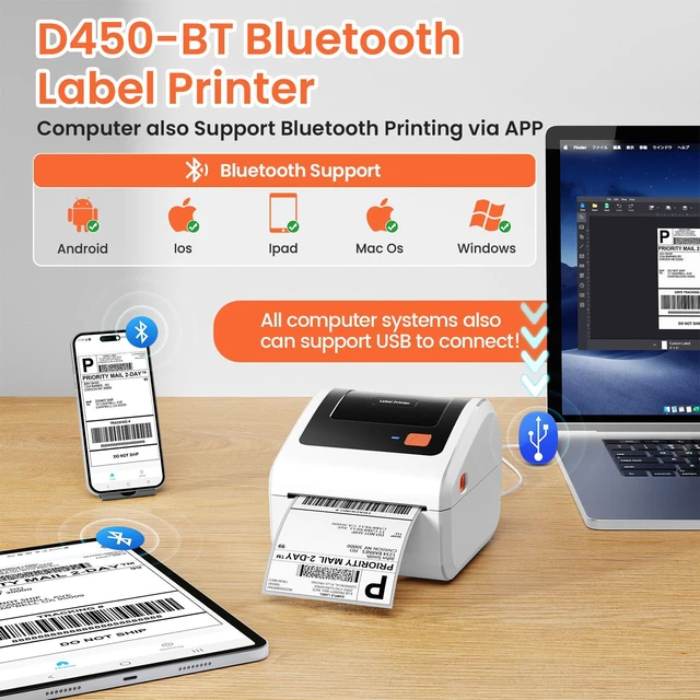 Alt view image 2 of 7 - Bluetooth Thermal Shipping Label Printer with Built-in Label Holder D450BT Bluetooth Thermal Label Printer 4x6 for Small Business, Compatible with iPhone, Android, Windows, macOS, Tiktok, USPS