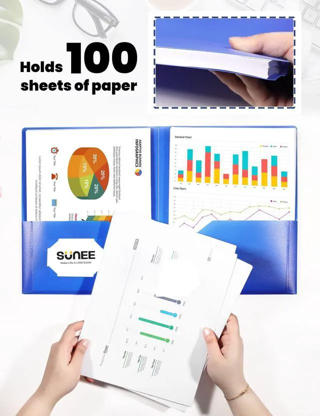 Alt view image 4 of 7 - 2 Pocket Folders (12 Pack, Blue) Heavy-Duty Plastic Folders with Pockets, Fit 8.5x11 Letter Size Paper, 2-Pocket File Folders for Kids, Home, School, Office