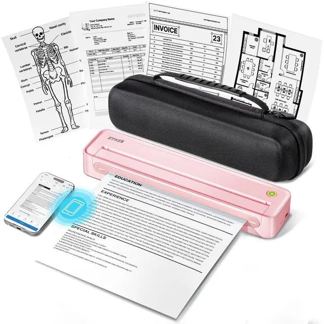 Main image of D90E Inkless Portable Thermal Printer with Case 1pack, Pink Wireless Bluetooth Small Compact Mobile Printer for Travel/Office/School/Home, Compatible with iPhone, Tablet & Laptop