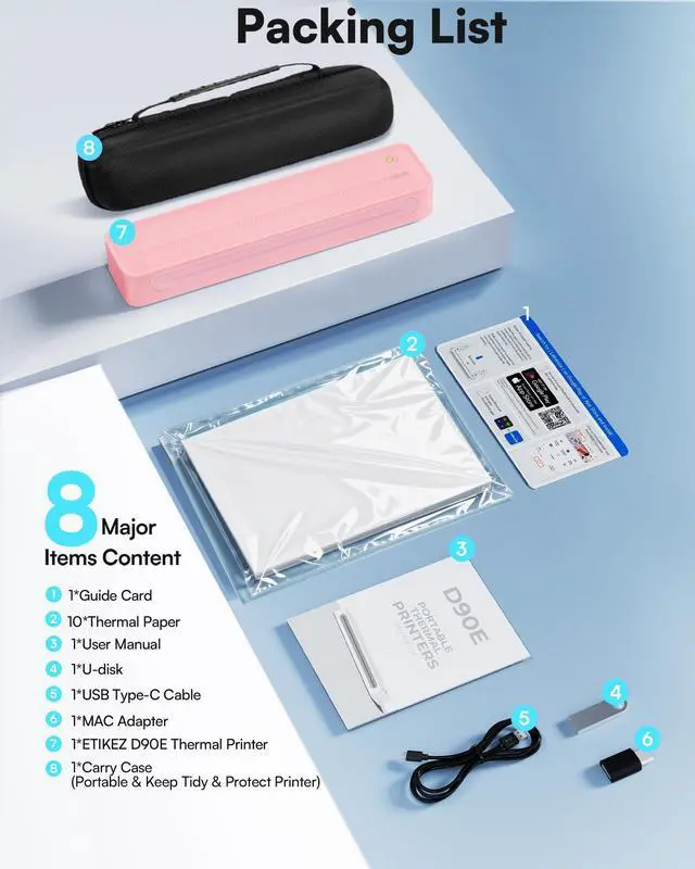 Alt view image 6 of 7 - D90E Inkless Portable Thermal Printer with Case 1pack, Pink Wireless Bluetooth Small Compact Mobile Printer for Travel/Office/School/Home, Compatible with iPhone, Tablet & Laptop