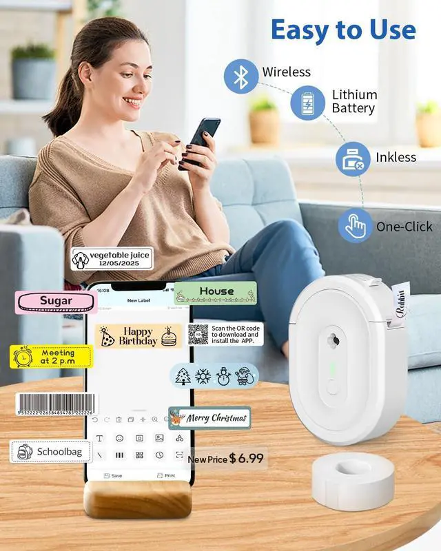 Alt view image 3 of 7 - N12 Label Maker Machine with 1 Tape Mini Thermal Label Printer, White Labeler Machine Available for Phone, Portable Label Maker Rechargeable Labeling Machine for Office School Home Organization