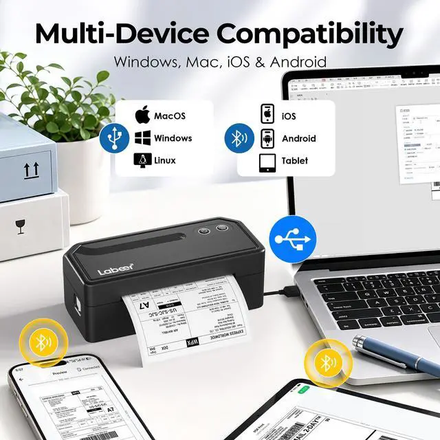 Alt view image 2 of 7 - Bluetooth Thermal Shipping Label Printer, Wireless 4x6 Printer Black For Small Business, Home, Office, Online Sellers, Warehouse & Shipping, Compatible with iPhone, Android, Windows & Mac