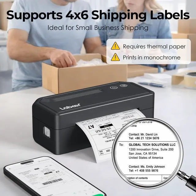 Alt view image 3 of 7 - Bluetooth Thermal Shipping Label Printer, Wireless 4x6 Printer Black For Small Business, Home, Office, Online Sellers, Warehouse & Shipping, Compatible with iPhone, Android, Windows & Mac