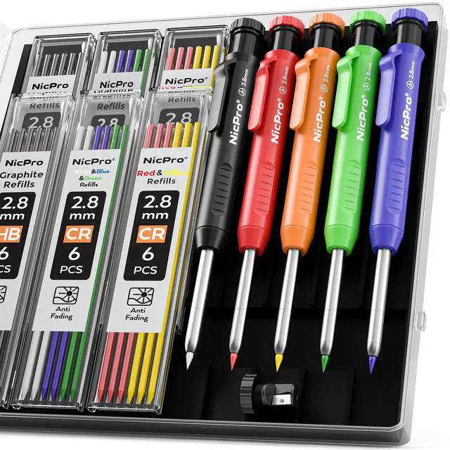 Main image of 5 Pack Carpenter Pencil with Sharpener, Mechanical Carpenter Pencils 41 Refills, Construction Pencil Heavy Duty Woodworking Pencils for Architect Marking (Red, Black, Orange, Blue, Black)