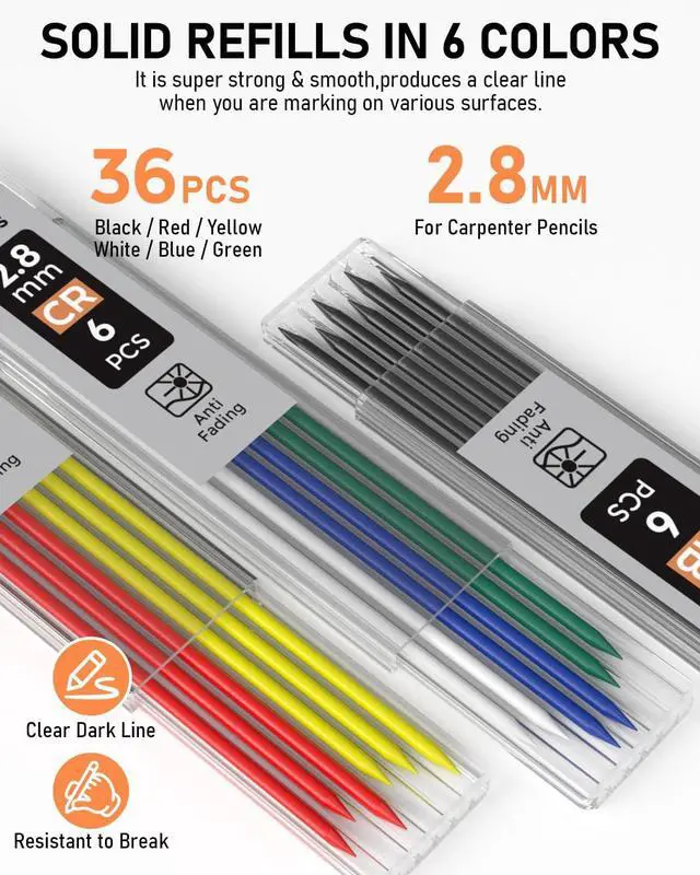 Alt view image 5 of 7 - 5 Pack Carpenter Pencil with Sharpener, Mechanical Carpenter Pencils 41 Refills, Construction Pencil Heavy Duty Woodworking Pencils for Architect Marking (Red, Black, Orange, Blue, Black)