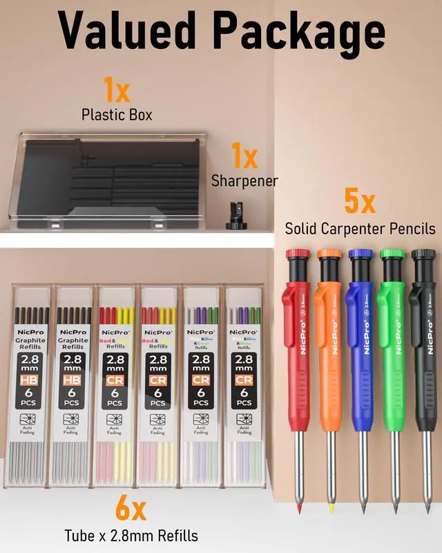 Alt view image 7 of 7 - 5 Pack Carpenter Pencil with Sharpener, Mechanical Carpenter Pencils 41 Refills, Construction Pencil Heavy Duty Woodworking Pencils for Architect Marking (Red, Black, Orange, Blue, Black)