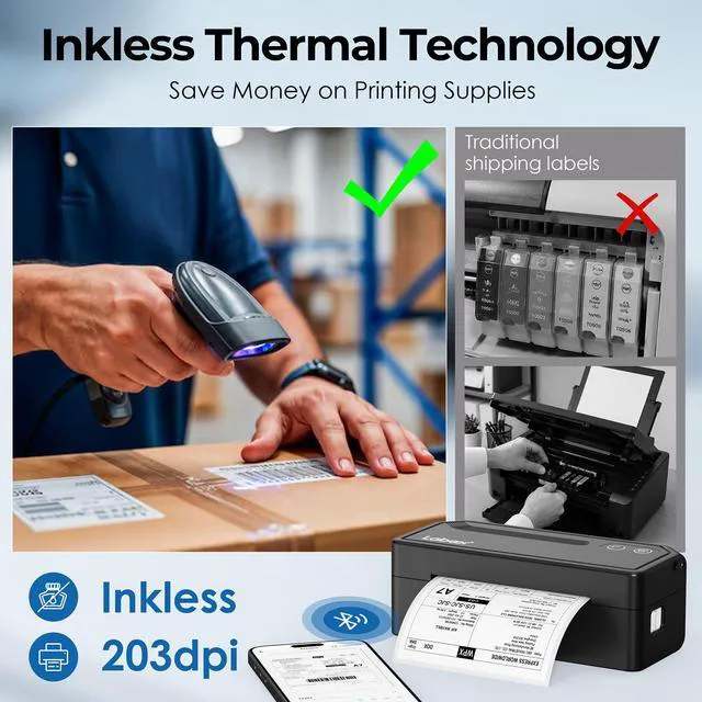 Alt view image 6 of 7 - Bluetooth Thermal Shipping Label Printer, Wireless 4x6 Printer Black For Small Business, Home, Office, Online Sellers, Warehouse & Shipping, Compatible with iPhone, Android, Windows & Mac