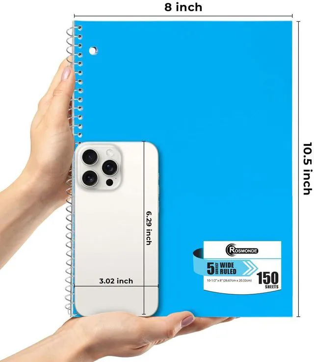 Alt view image 4 of 7 - 24 Pack, 5 Subject Notebook Wide Ruled, 150 Sheets (300 Pages) Sturdy Spiral Journal Notebook, Wide Ruled, 8 x 10-1/2, School & Office Bulk Spiral Notebooks, 300 Pages, Assorted Colors
