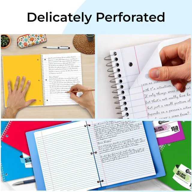 Alt view image 5 of 7 - 24 Pack, 5 Subject Notebook Wide Ruled, 150 Sheets (300 Pages) Sturdy Spiral Journal Notebook, Wide Ruled, 8 x 10-1/2, School & Office Bulk Spiral Notebooks, 300 Pages, Assorted Colors