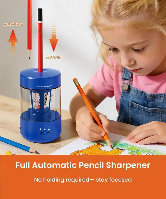 Alt view image 2 of 6 - Electric Pencil Sharpener for Classroom, Fully Automatic, Dark Blue Type-C Rechargeable, Auto In/Out, 2000mAh Built-in Battery, Fast Sharpen, For 6-8mm No.2&Colored Pencils, Home, School Office