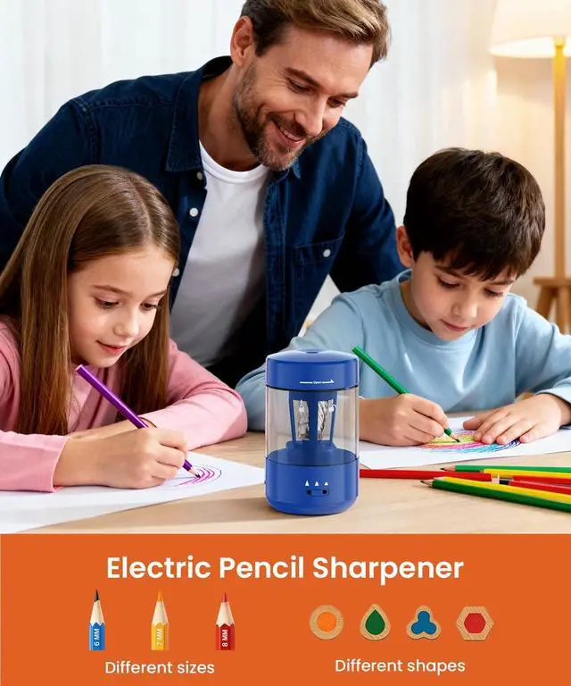 Alt view image 3 of 6 - Electric Pencil Sharpener for Classroom, Fully Automatic, Dark Blue Type-C Rechargeable, Auto In/Out, 2000mAh Built-in Battery, Fast Sharpen, For 6-8mm No.2&Colored Pencils, Home, School Office