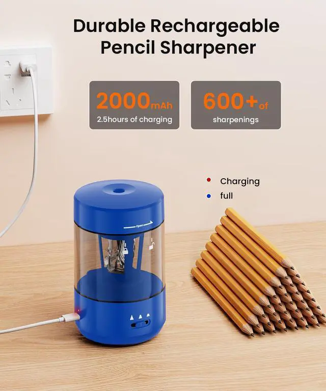 Alt view image 4 of 6 - Electric Pencil Sharpener for Classroom, Fully Automatic, Dark Blue Type-C Rechargeable, Auto In/Out, 2000mAh Built-in Battery, Fast Sharpen, For 6-8mm No.2&Colored Pencils, Home, School Office