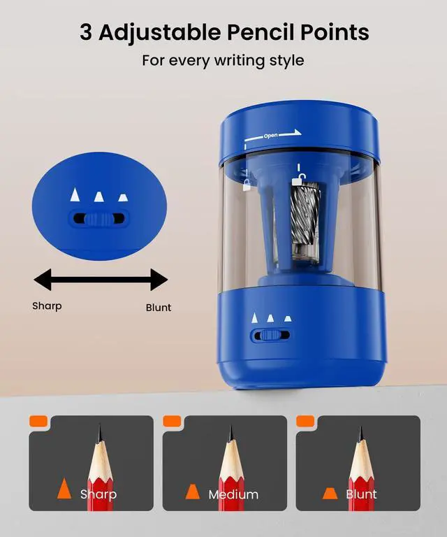 Alt view image 5 of 6 - Electric Pencil Sharpener for Classroom, Fully Automatic, Dark Blue Type-C Rechargeable, Auto In/Out, 2000mAh Built-in Battery, Fast Sharpen, For 6-8mm No.2&Colored Pencils, Home, School Office