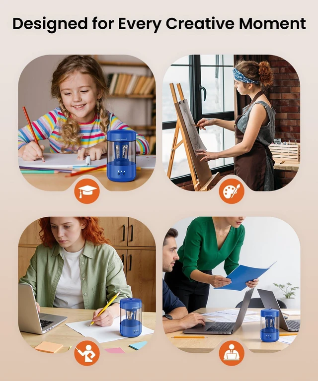 Alt view image 6 of 6 - Electric Pencil Sharpener for Classroom, Fully Automatic, Dark Blue Type-C Rechargeable, Auto In/Out, 2000mAh Built-in Battery, Fast Sharpen, For 6-8mm No.2&Colored Pencils, Home, School Office