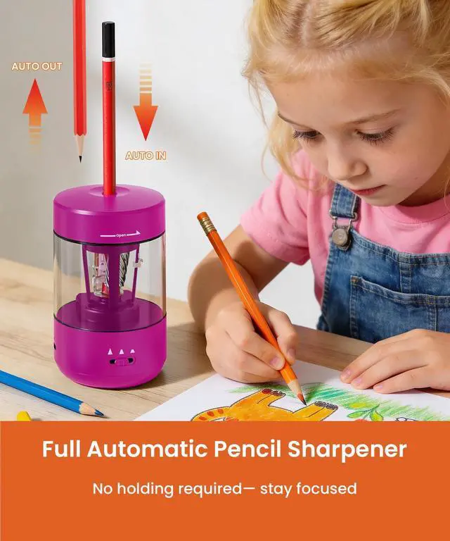 Alt view image 2 of 7 - Electric Pencil Sharpener for Classroom, Fully Automatic, Magenta Pink Type-C Rechargeable, Auto In/Out, 2000mAh Built-in Battery, Fast Sharpen, For 6-8mm No.2&Colored Pencils, Home, School Office