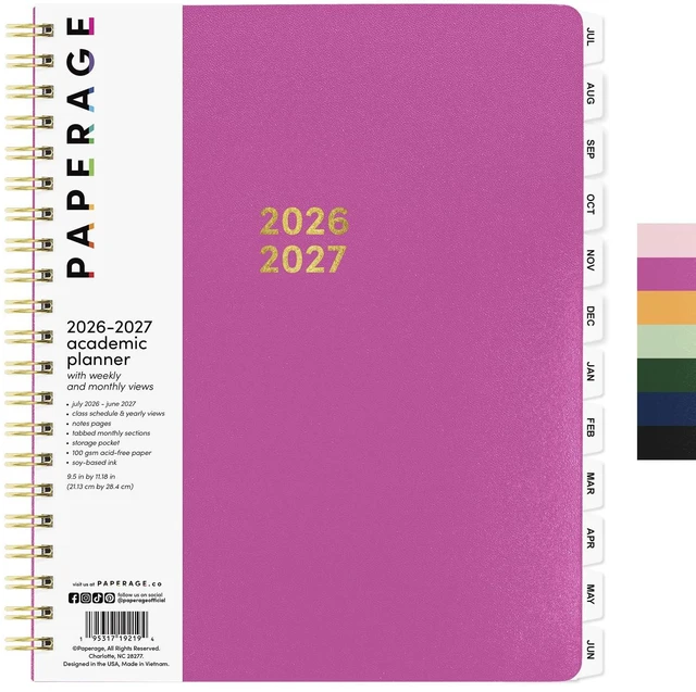 Main image of Academic Planner, Weekly & Monthly Planner & Calendar, 12-Months, July 2026 - June 2027, (9.5" x 11"), School & Student Planning Agenda with Tabs, Bonus Pages & Inner Pocket, Raspberry