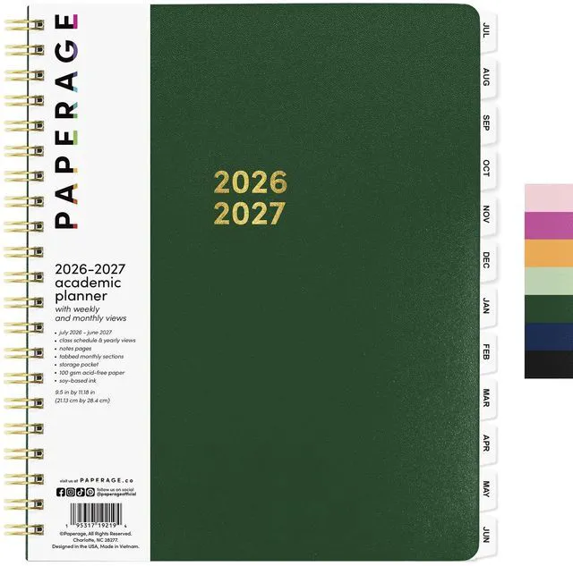 Main image of Academic Planner, Weekly & Monthly Planner & Calendar, 12-Months, July 2026 - June 2027, (9.5" x 11"), School & Student Planning Agenda with Tabs, Bonus Pages & Inner Pocket, Dark Green
