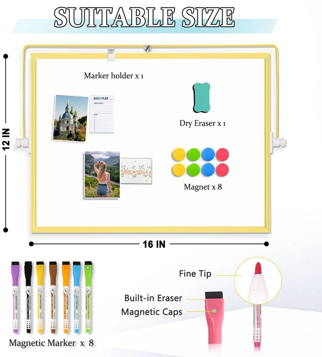 Alt view image 3 of 7 - Double-Sided Magnetic White Board with Stand, 16" x 12" (Gold) Dry Erase Board with Stand, Desktop Whiteboard Easel, Portable Small White board dry erase for Drawing, Office, Home