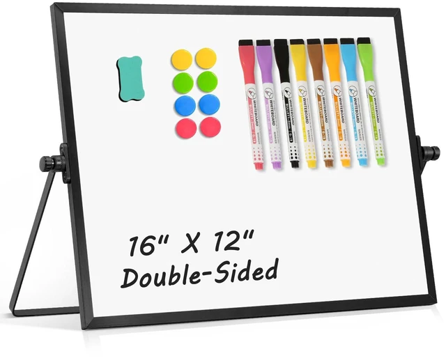 Main image of Double-Sided Magnetic White Board with Stand, 16" x 12" (Black) Dry Erase Board with Stand, Desktop Whiteboard Easel, Portable Small White board dry erase for Drawing, Office, Home