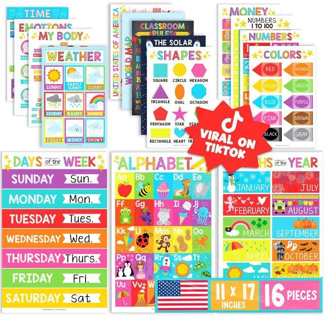 Main image of 16 Laminated Toddler Learning Posters 1-3 for Preschool Classroom Decor Colorful Learning Posters for Toddlers 1-3, Homeschool Room Decor for Toddler Wall Activity, Pre K Classroom Must Haves