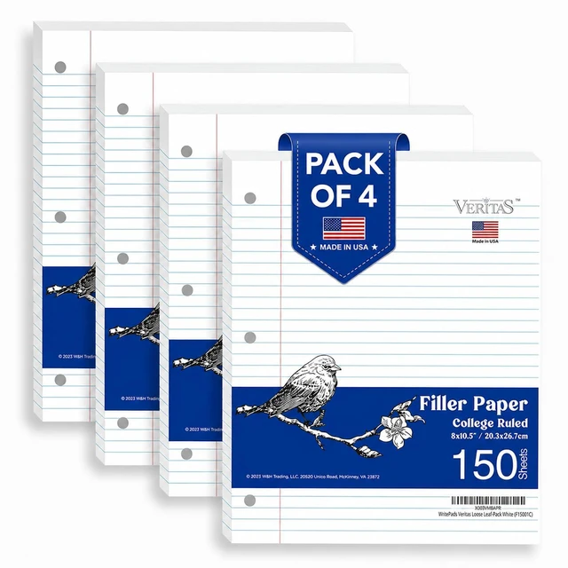 Main image of College Ruled Loose Leaf Paper, 600 Sheets Bulk Notebook Paper, 8"x10-1/2" 3 Hole Punched Filler Paper, Fits Standard 3-Ring Binder, 65lb Thick Paper, Made in USA