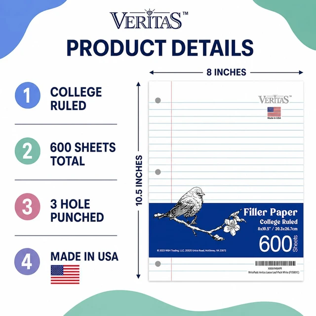 Alt view image 2 of 7 - College Ruled Loose Leaf Paper, 600 Sheets Bulk Notebook Paper, 8"x10-1/2" 3 Hole Punched Filler Paper, Fits Standard 3-Ring Binder, 65lb Thick Paper, Made in USA
