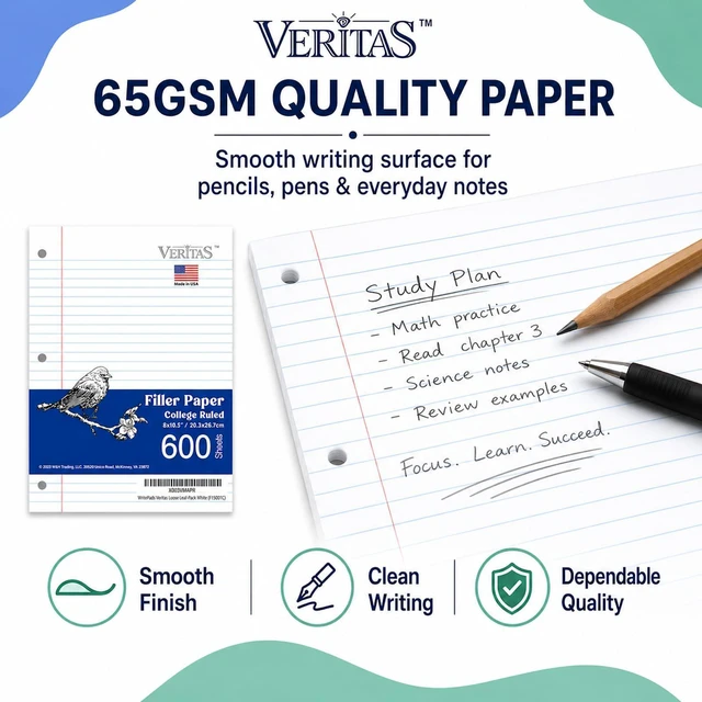 Alt view image 4 of 7 - College Ruled Loose Leaf Paper, 600 Sheets Bulk Notebook Paper, 8"x10-1/2" 3 Hole Punched Filler Paper, Fits Standard 3-Ring Binder, 65lb Thick Paper, Made in USA
